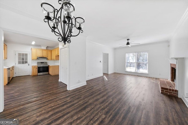 unfurnished living room with ornamental molding, dark wood-type flooring, and a fireplace