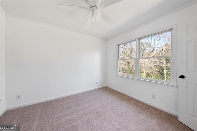 carpeted empty room featuring crown molding and ceiling fan