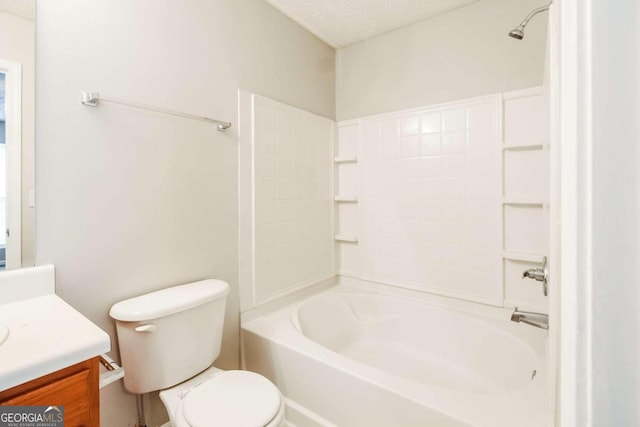 full bathroom featuring vanity, toilet, shower / tub combination, and a textured ceiling