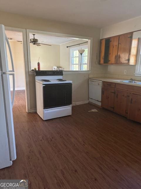 kitchen with ceiling fan, dark wood-type flooring, and white appliances