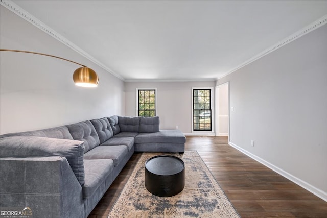 living room featuring dark hardwood / wood-style flooring and ornamental molding