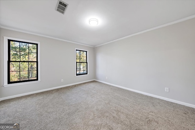 carpeted empty room featuring crown molding and a healthy amount of sunlight