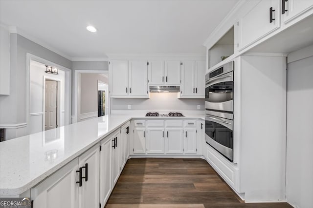 kitchen featuring stainless steel double oven, light stone counters, dark hardwood / wood-style floors, kitchen peninsula, and white cabinets