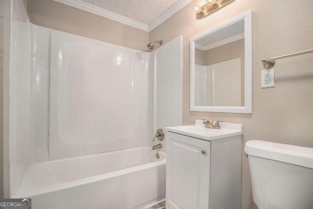 full bathroom featuring a textured ceiling, toilet, shower / washtub combination, vanity, and ornamental molding