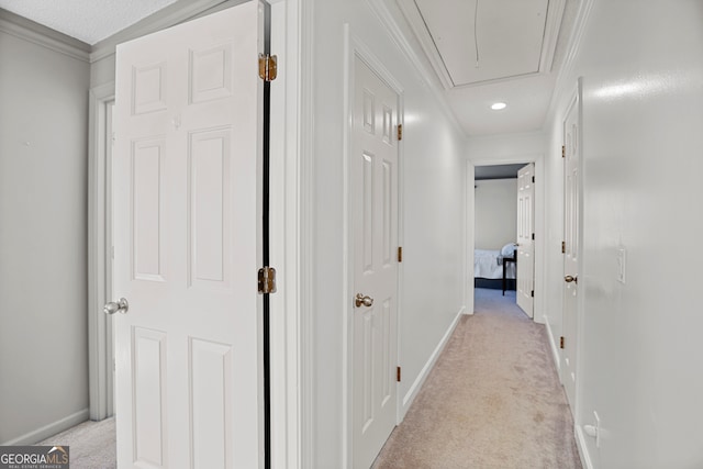 hall with light colored carpet and ornamental molding