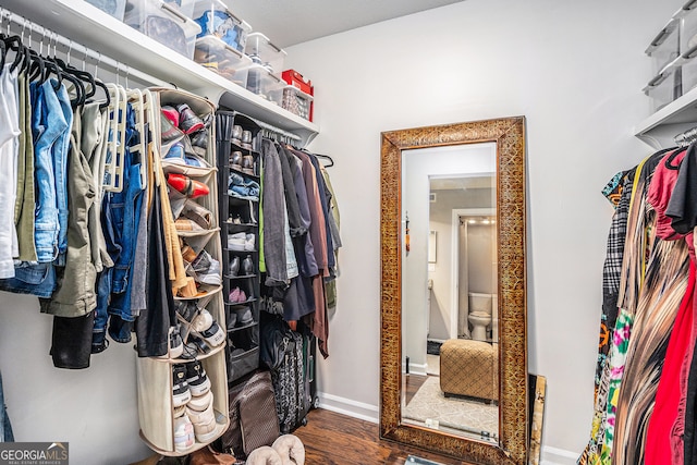 walk in closet with dark hardwood / wood-style flooring