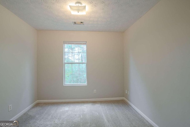 spare room featuring a textured ceiling and light carpet