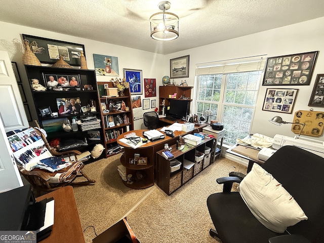 carpeted home office featuring a textured ceiling