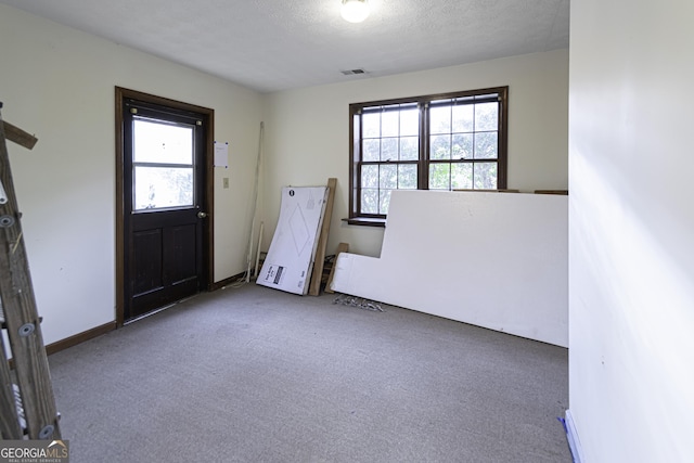 carpeted entryway with a wealth of natural light and a textured ceiling