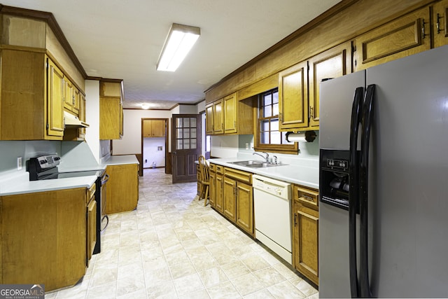 kitchen featuring white dishwasher, crown molding, sink, electric range oven, and stainless steel fridge with ice dispenser