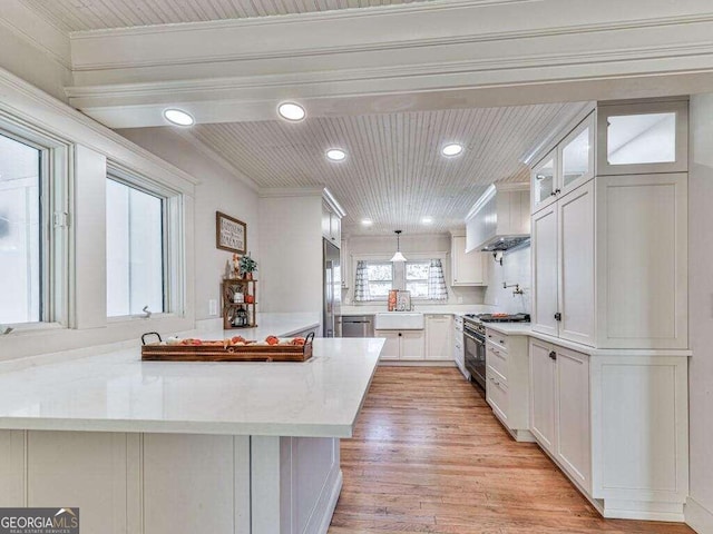 kitchen featuring light hardwood / wood-style flooring, white cabinetry, high quality appliances, and crown molding