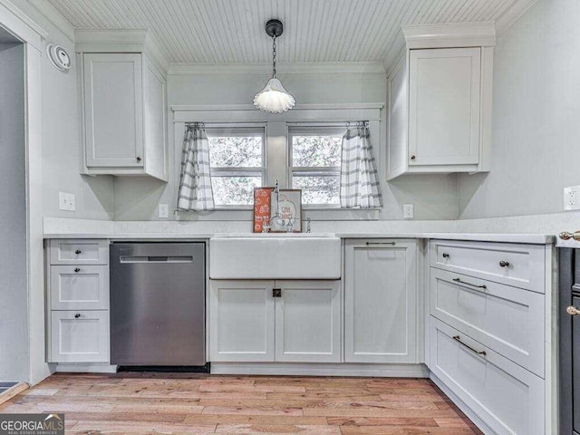 kitchen featuring white cabinetry, dishwasher, ornamental molding, and light hardwood / wood-style flooring