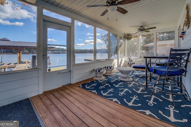 sunroom / solarium with a healthy amount of sunlight and a water view