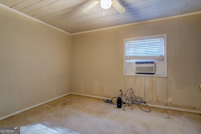 empty room with ornamental molding, cooling unit, wood ceiling, and ceiling fan