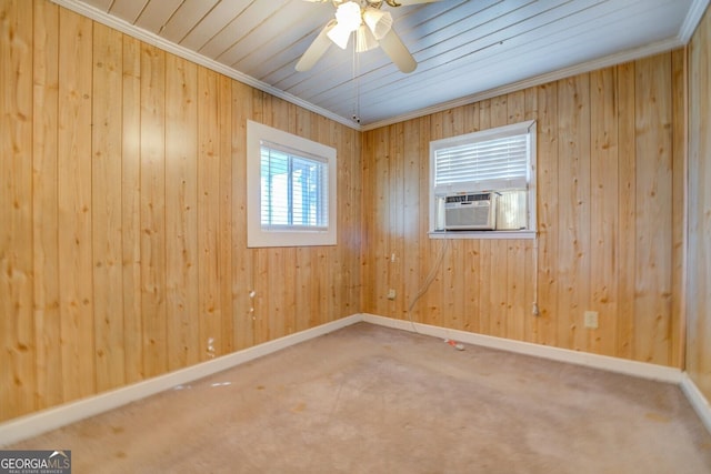 unfurnished room featuring crown molding, carpet floors, cooling unit, and ceiling fan