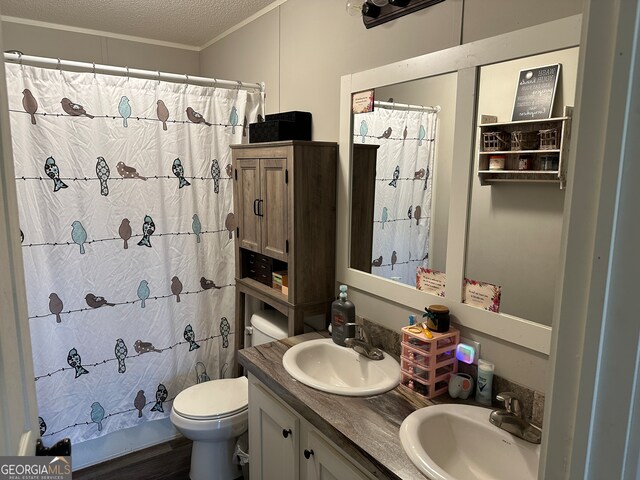 bathroom with walk in shower, vanity, a textured ceiling, hardwood / wood-style flooring, and toilet