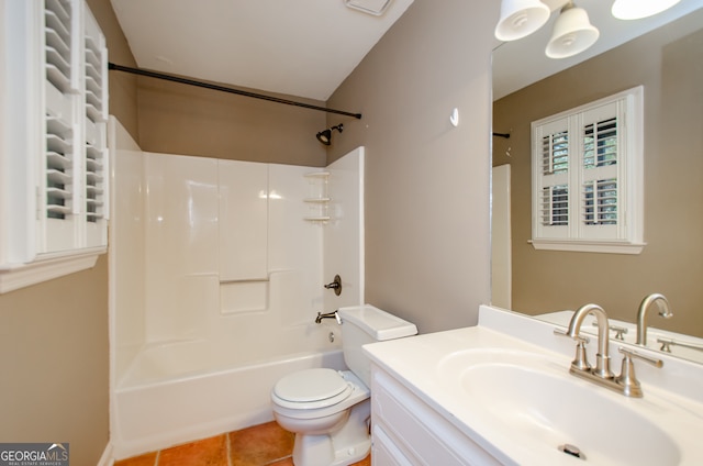 full bathroom featuring tub / shower combination, vanity, tile patterned flooring, radiator heating unit, and toilet