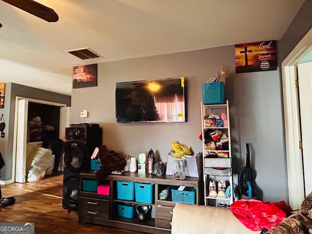 living room featuring ceiling fan and wood-type flooring