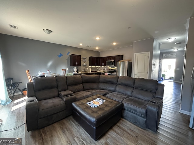 living room with sink and hardwood / wood-style floors