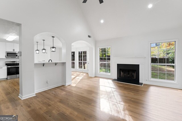 unfurnished living room featuring hardwood / wood-style flooring, high vaulted ceiling, and a wealth of natural light