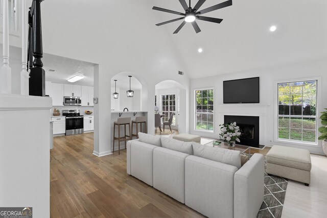 bedroom featuring hardwood / wood-style floors, multiple windows, and ceiling fan