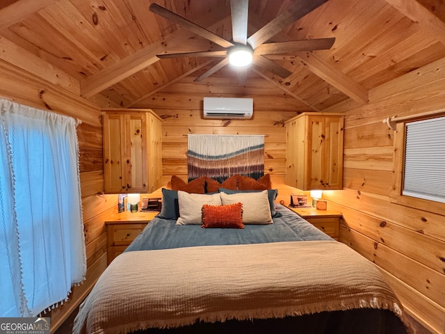 bedroom with vaulted ceiling with beams, wooden walls, a wall mounted AC, and wooden ceiling