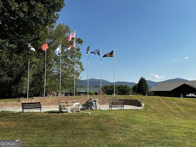 view of home's community with a mountain view and a yard