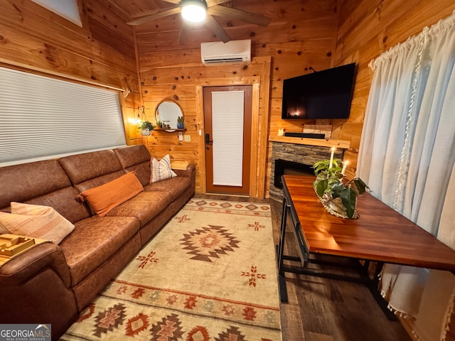 living room featuring a fireplace, dark hardwood / wood-style floors, a wall mounted AC, and wooden walls