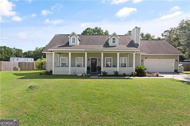 cape cod house with a porch, a garage, and a front lawn