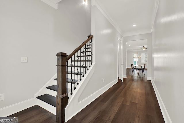 stairway featuring hardwood / wood-style floors, ceiling fan with notable chandelier, and ornamental molding