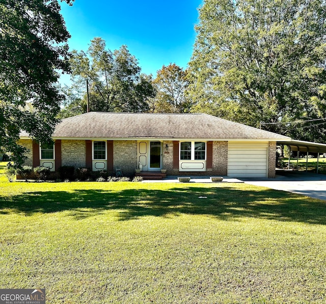 single story home featuring a carport, a garage, and a front lawn