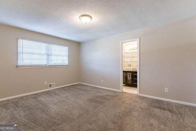 spare room featuring sink, light colored carpet, and a textured ceiling