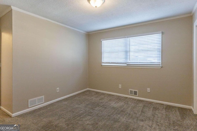 spare room with carpet, a textured ceiling, and ornamental molding