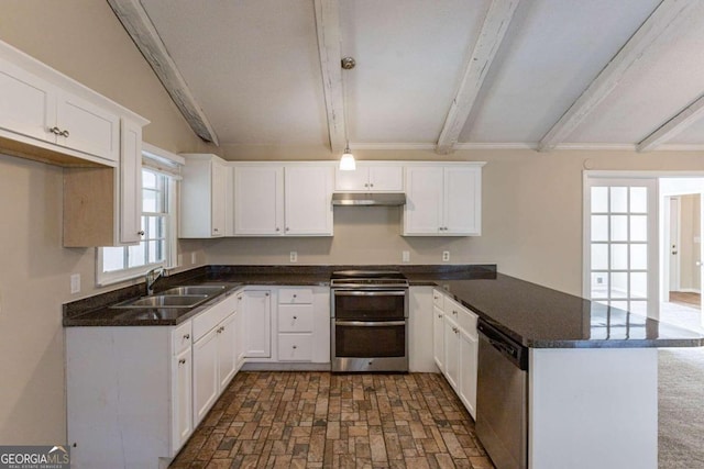 kitchen with beamed ceiling, stainless steel appliances, white cabinetry, and sink