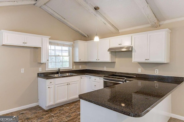 kitchen with pendant lighting, white cabinetry, stainless steel electric range oven, and sink