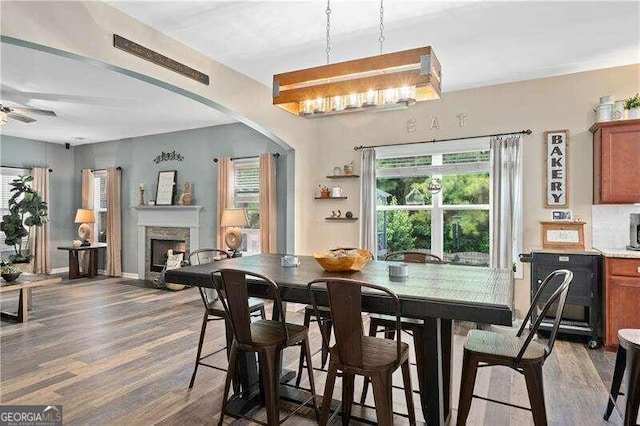 dining area with ceiling fan and dark hardwood / wood-style floors