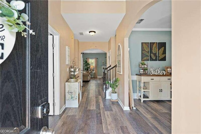 hallway with dark hardwood / wood-style floors and ornamental molding