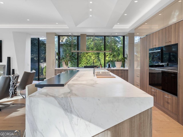 kitchen with sink, light hardwood / wood-style flooring, light stone countertops, a large island, and a wall of windows