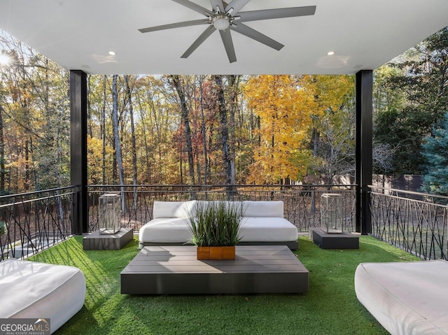 view of patio featuring ceiling fan and an outdoor hangout area