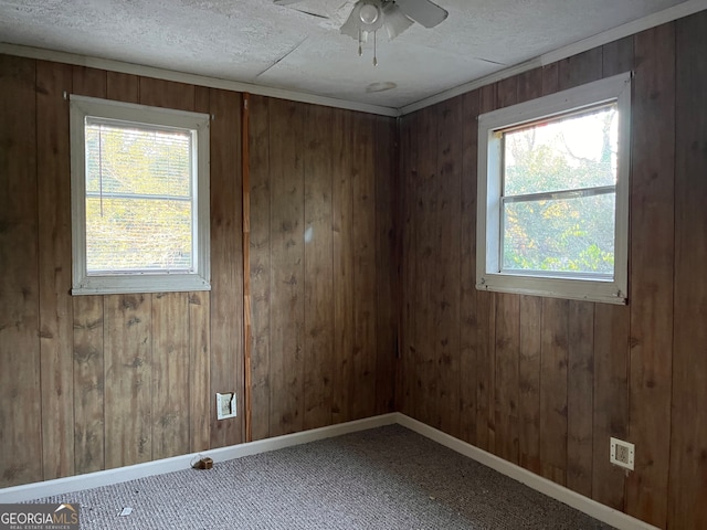 spare room featuring wood walls, ceiling fan, and a healthy amount of sunlight