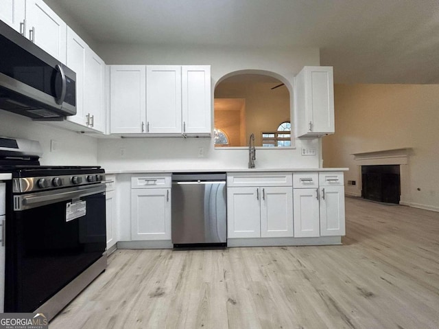 kitchen featuring white cabinets, appliances with stainless steel finishes, light hardwood / wood-style flooring, and sink