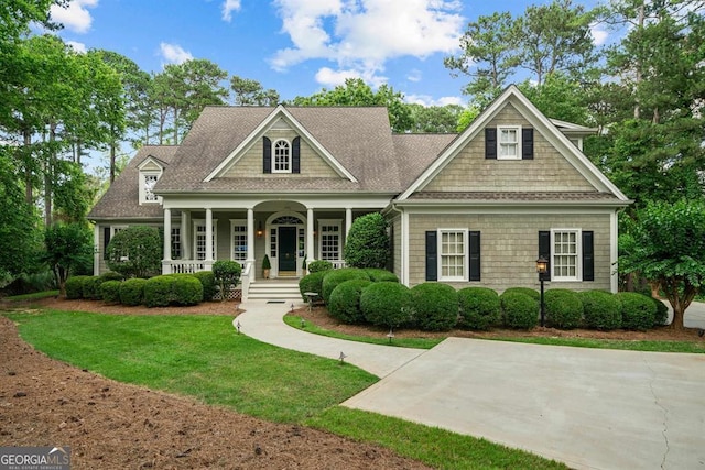 craftsman house with covered porch and a front lawn