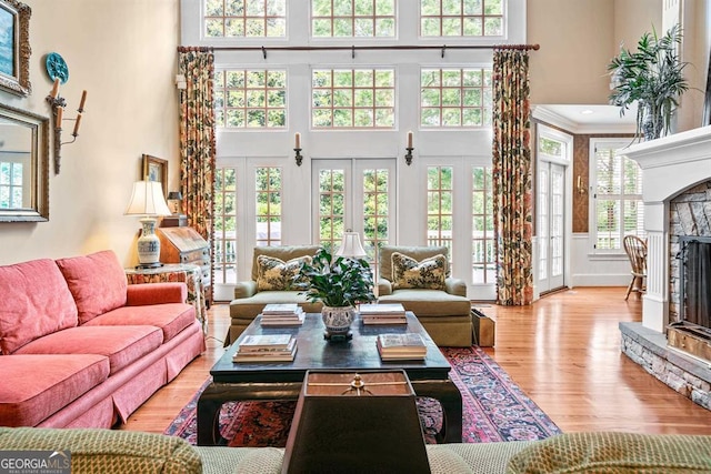 living room featuring plenty of natural light and a fireplace