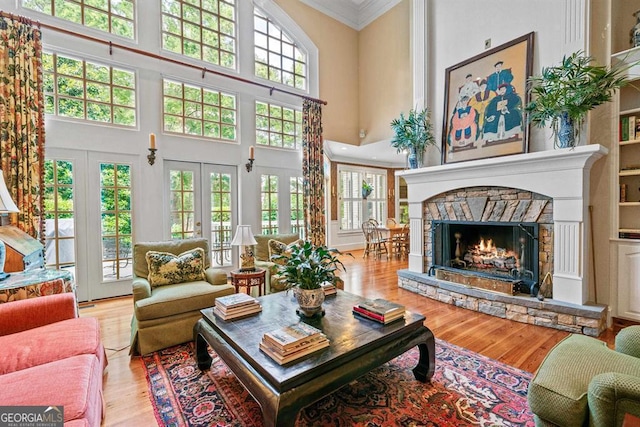 living room featuring a healthy amount of sunlight, a towering ceiling, and light hardwood / wood-style flooring