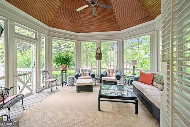 sunroom featuring ceiling fan, lofted ceiling, and wood ceiling