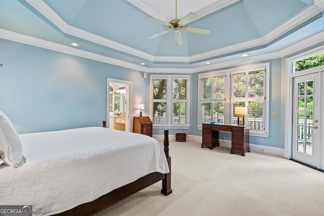 carpeted bedroom with access to outside, ceiling fan, and ornamental molding