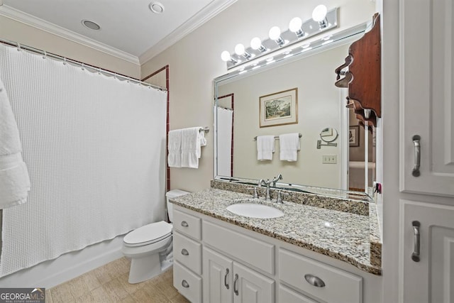 full bathroom featuring toilet, vanity, shower / bath combo, and ornamental molding