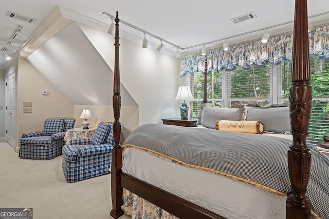 carpeted bedroom with rail lighting and lofted ceiling