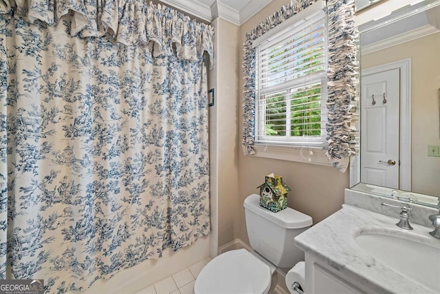 full bathroom featuring shower / tub combo, tile patterned floors, vanity, crown molding, and toilet