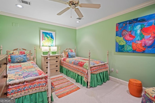 bedroom with ceiling fan, carpet floors, and crown molding